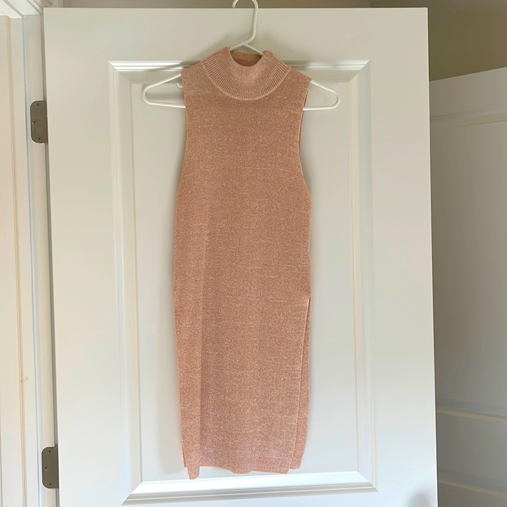 Keepsake sleeveless turtleneck tunic sweater, slit sides, peach sparkle